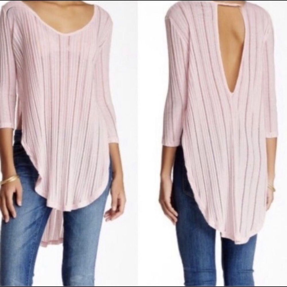 We The free cut out T tunic long sleeve pink sides Slit Astoria ribbided Hacci